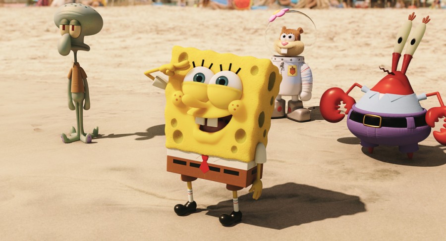 This image released by Paramount Pictures and Nickelodeon Movies shows characters, from left,  Squidward Tentacles, SpongeBob SquarePants, Sandy Cheeks, and Mr. Krabs in a scene from The Spongebob Movie: Sponge Out of Water. (AP Photo/Paramount Pictures and Nickelodeon Movies)