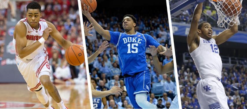 College freshmen D’Angelo Russell, Jahlil Okafor, and Karl-Anthony Towns (from left to right) are among  the top prospects for the NBA draft.