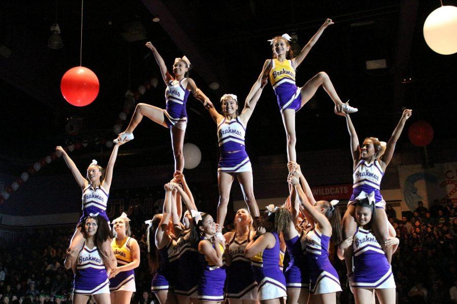 The cheer team members perform their routine on April 7 at the High School Musical-themed spring sports/Top 10 rally.