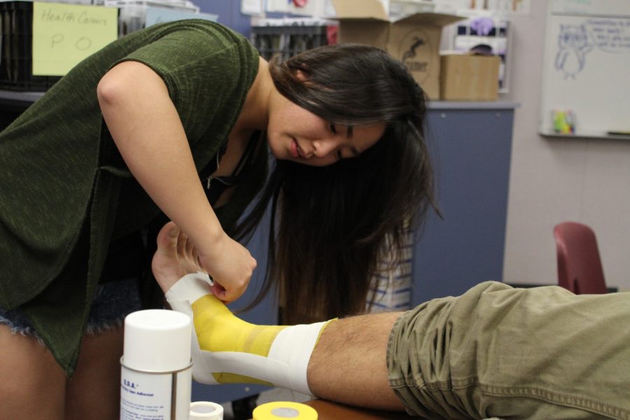 Senior Shannon Wong practices taping the ankle of a fellow student.
