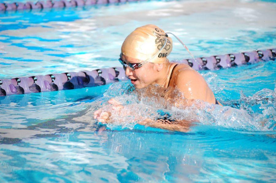 Senior Lauren Ong competes in the individual medley as the Brahmas finished first in league.