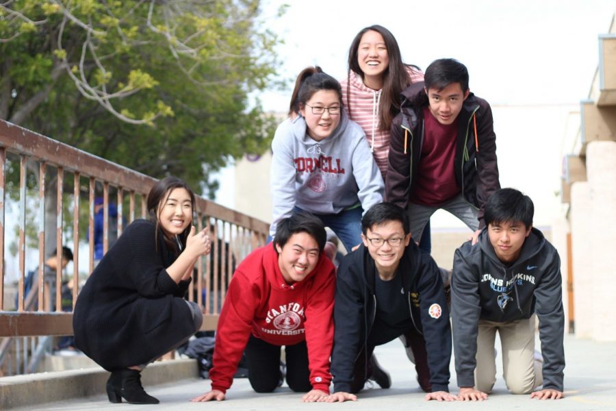 Seniors (clockwise from top) Cathy Chang, Brandon Lee, Eric Han, Benjamin Chen, Derrick Li and Rebecca Kimn, with Morgan Pak at left, have already been accepted at various top universities across the country.