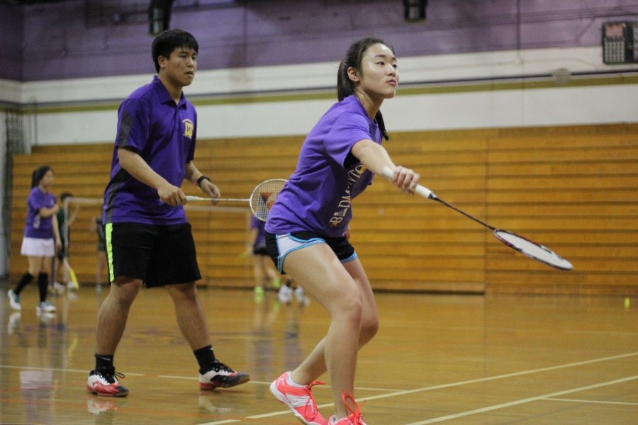 Senior Justin Lam and sophomore Mirabelle Huang compete in mixed doubles.