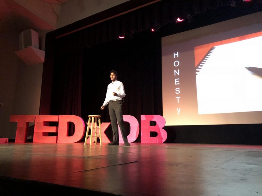 Senior Rajvir Dua speaks at the Ted Talk event on Finding Your Voice.