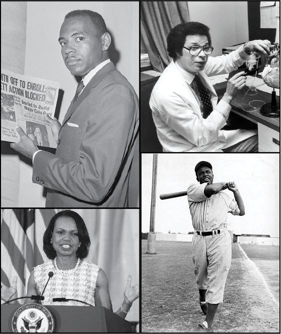 First African American to enroll at University of Mississippi - James Meredith (top left), to implant a heart defibrillator - Levi Watkins Jr. (top right), Female Secretary of State - Condoleezza Rice (bottom left), to play on a Major League Baseball team - Jackie Robinson (bottom right).
