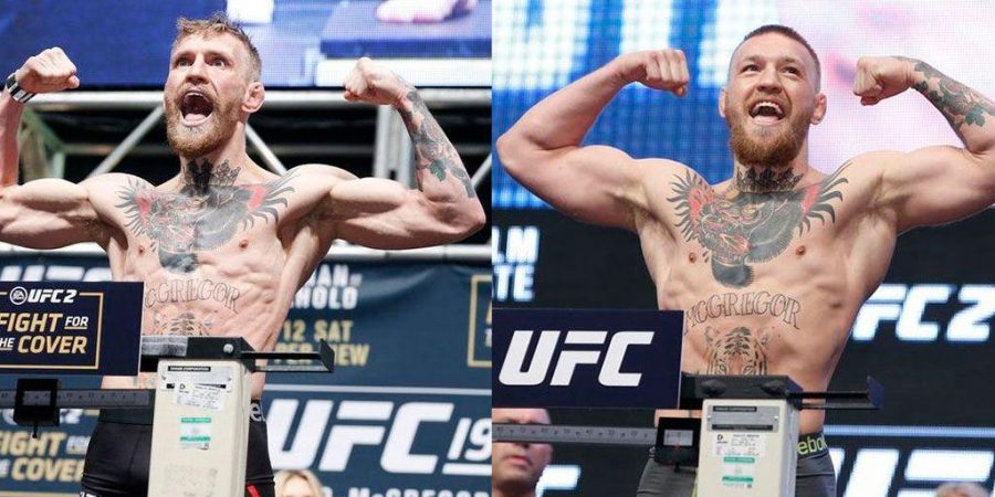 McGregor at his weigh-in at UFC 194 (left) vs. McGregor three months after at UFC 196.

