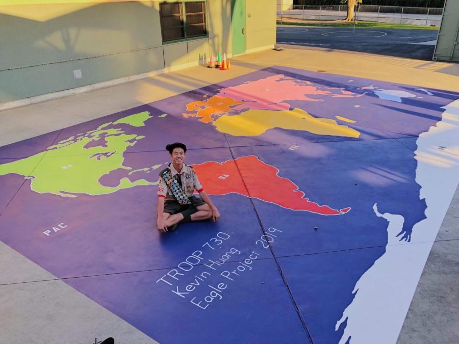 Junior Kevin Huang, along with 30 members from his troop, painted a world map in the lunch area at Evergreen Elementary School for his Eagle project.