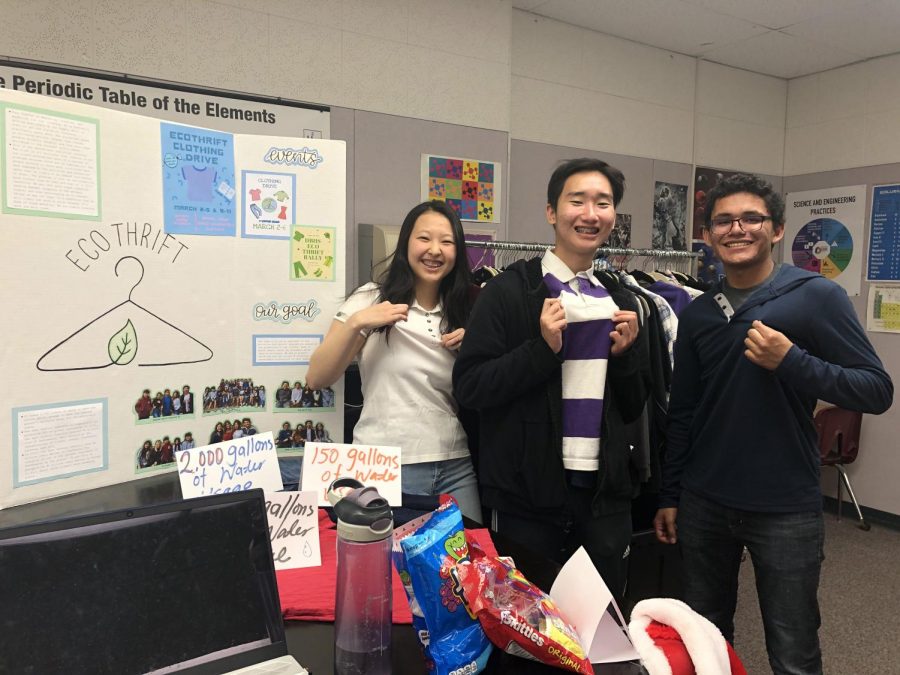 APES students senior Serena Fu and juniors Daniel Min and Steven Lopez presented the EcoThrift project at Open House.