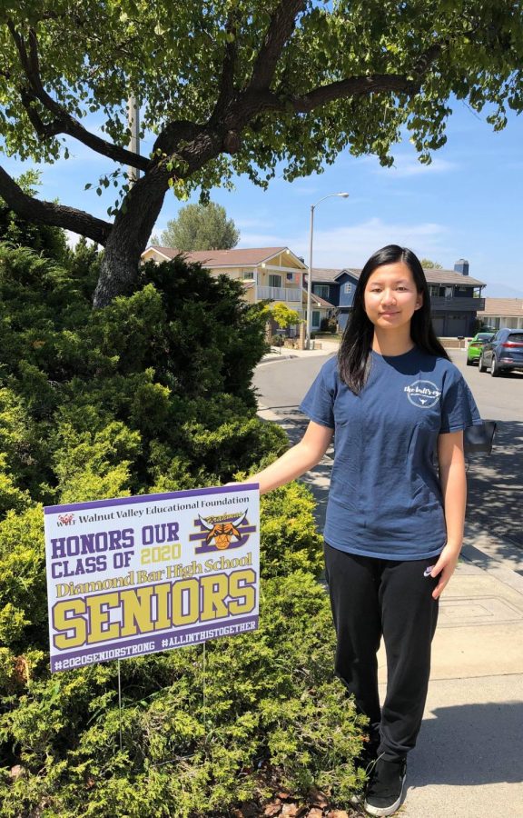 DBHS seniors Elizabeth Peng, Nia Mitchell and Renee Elefante are three out of over 700 senior Brahmas who were delivered a Class of 2020 sign.