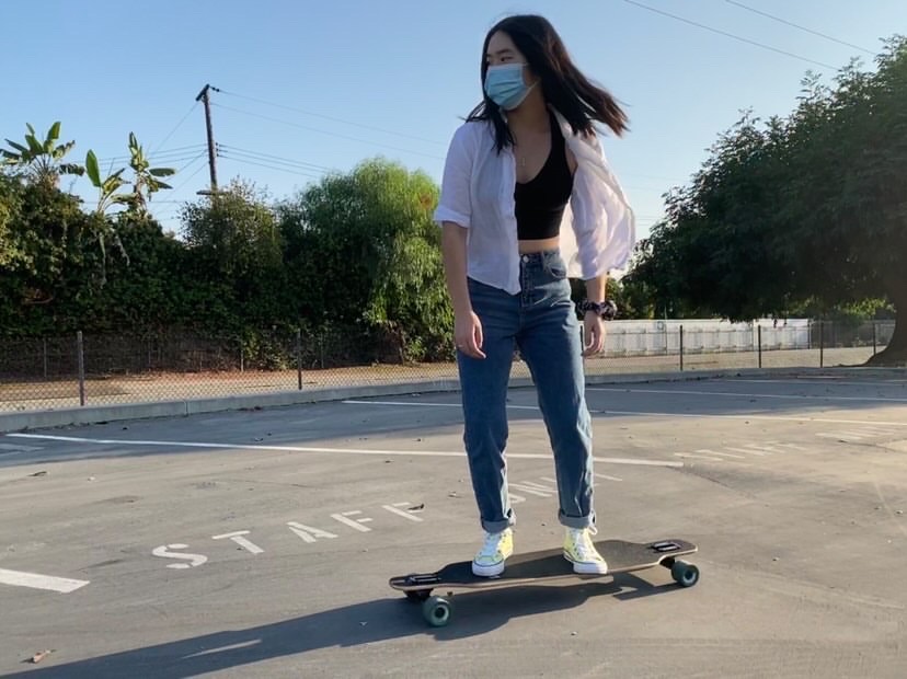 Junior Abigail Hong has been skateboarding to enjoy themselves outside, instead of being coped up indoors all day during the pandemic. 