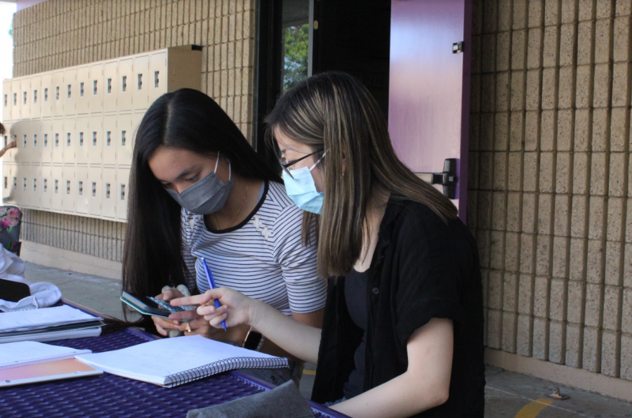 Alyssa Wu, who is among the students who take it upon themselves to tutor others, provides assistance to a peer in need.